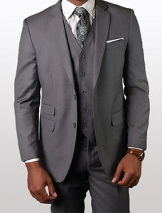 Statement Men's Solid Grey Tailored Fit 100% Wool Vested Suits