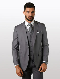 Statement Men's Solid Grey Tailored Fit 100% Wool Vested Suits