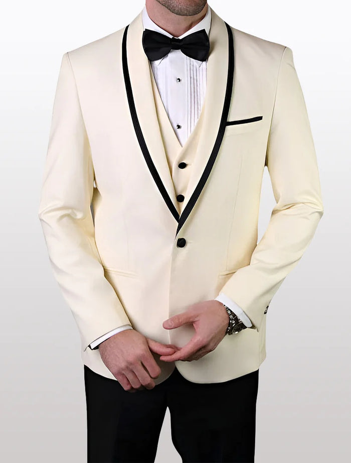 Statement Men's White Vested with Black Trim Fine Lapel 100% Wool Tuxedos