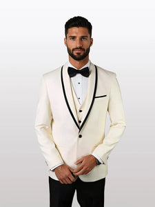 Statement Men's White Vested with Black Trim Fine Lapel 100% Wool Tuxedos