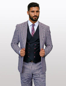 Statement Men's White and Burgundy Houndstooth 100% Wool Vested Suits