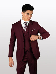 Statement Mens Burgundy Modern Fit 100% Wool Vested Suits