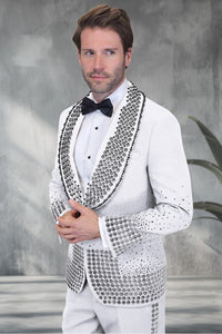 Men's Designer Black Flower Rhinestone Studded Prom & Wedding Tuxedo in White