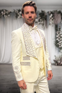Men's Designer Vested Wool Studded Shawl Lapel Prom & Wedding Tuxedo in Off White Ivory