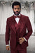 Men's Designer Wool Shawl Lapel Vested Tuxedo with Rhinestones in Burgundy
