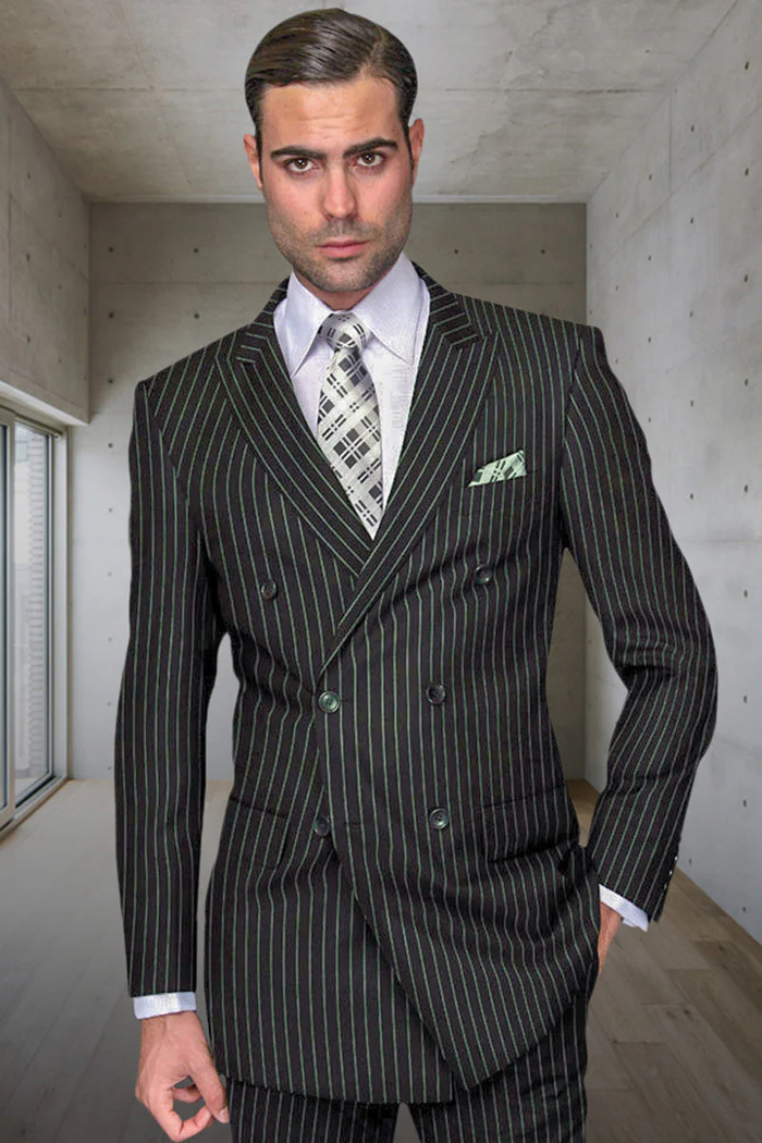 Mens Hunter Green Suit - Mens Designer Double Breasted Wool Suit in Bold Hunter Green Gangster Pinstripe.