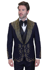 Men's Designer Embelished Rhinestone Jacquard Pattern Wedding & Prom Tuxedo in Black & Gold