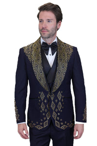 Men's Designer Embelished Rhinestone Jacquard Pattern Wedding & Prom Tuxedo in Black & Gold