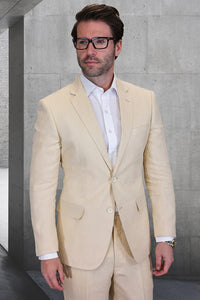 Men's Designer Two Button Summer Linen Wedding Suit in Natural Tan