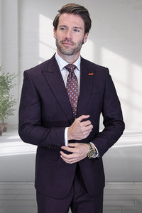 Men's Designer Two Button Peak Lapel Wool Suit in Eggplant Purple Windowpane Plaid