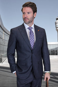 Men's Designer Two Button Peak Lapel Wool Suit in Dark Grey Windowpane Plaid