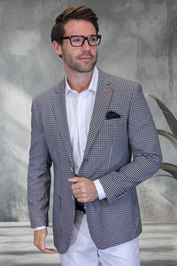 Men's Modern Fit Patch Pocket Designer Wool Summer Blazer in Black Windowpane