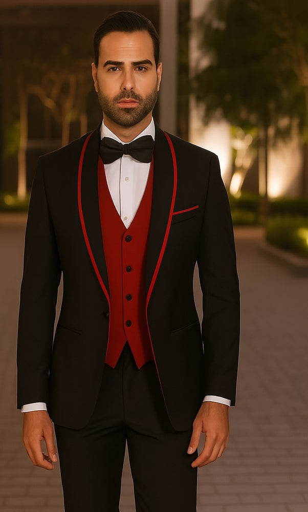 Statement Men's Black with Red Lapel Vested 100% Wool Tuxedo