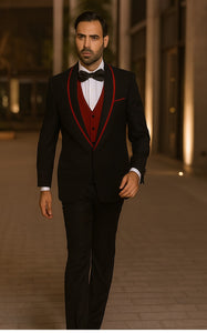 Statement Men's Black with Red Lapel Vested 100% Wool Tuxedo