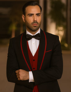 Statement Men's Black with Red Lapel Vested 100% Wool Tuxedo