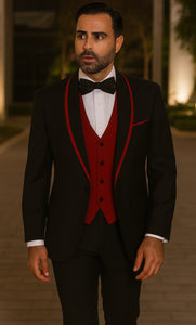 Statement Men's Black with Red Lapel Vested 100% Wool Tuxedo