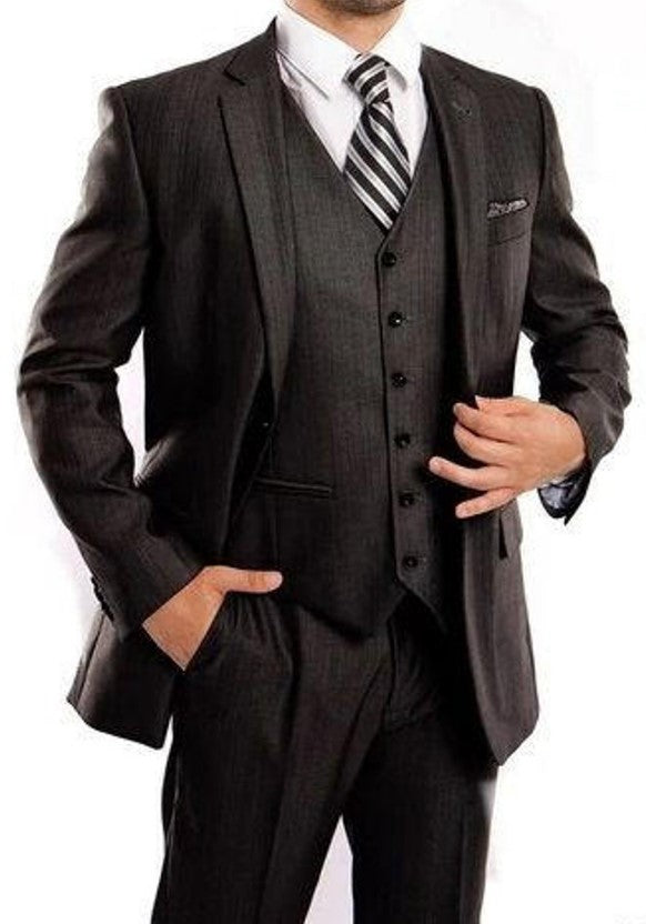 Mens Steel Navy 3 Piece Sharkskin Suit Single Breasted Notch Lapel Regular Fit