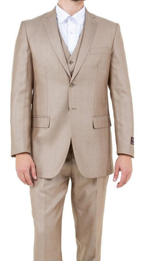 Mens Stone Tan Sharkskin 3 Piece Single Breasted Suit