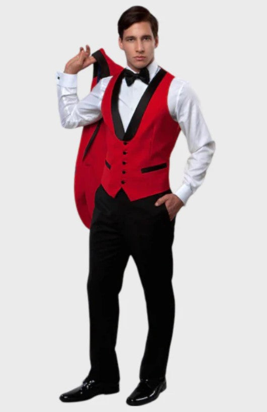 Big and Tall Tuxedo - 1 Button Closure Red 3 Piece Vested Shawl Lapel Tuxedo