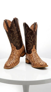 White Diamond Men’s Natural Hand-Tooled Western Boots, Square Toe Cowboy Dress Boots