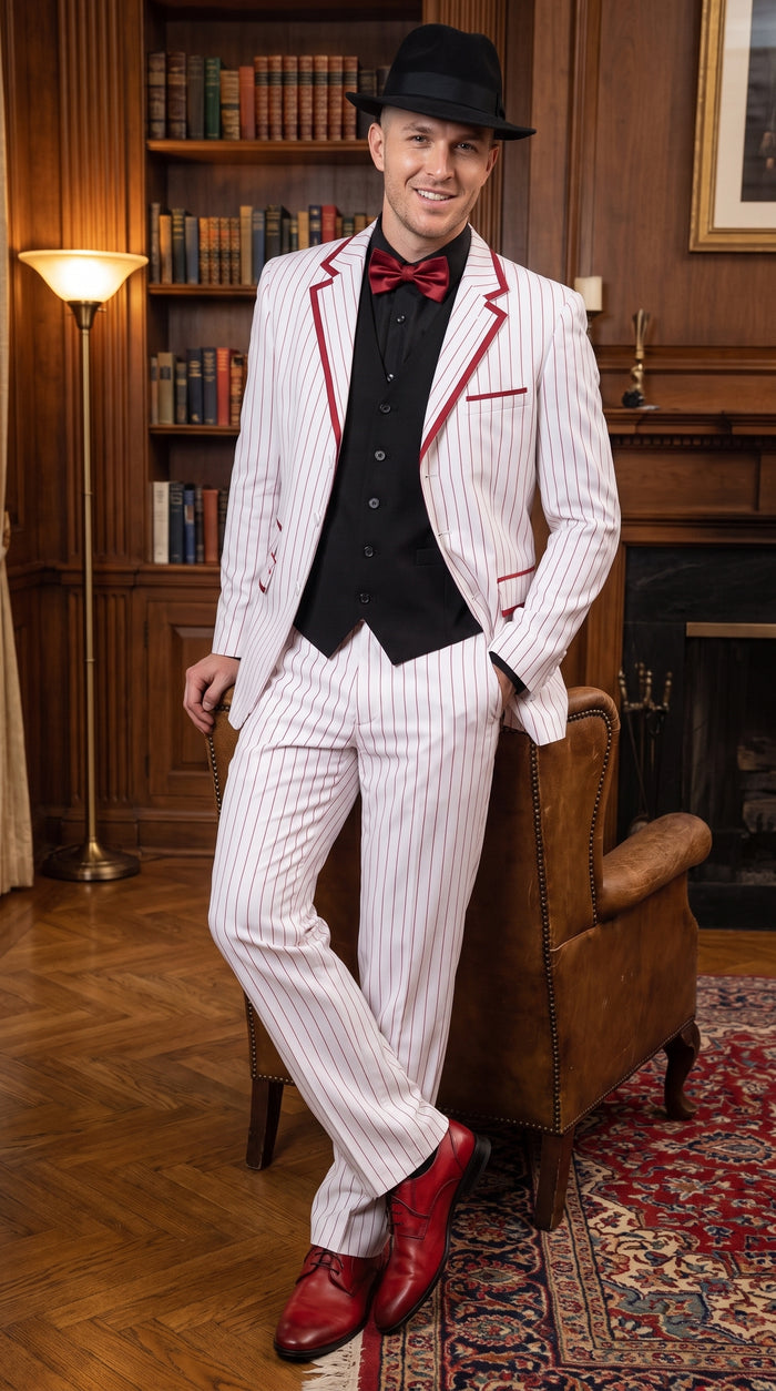 Men’s White and Black Pinstripe Zoot Suit, High Waist Formal Party Tuxedo Suit