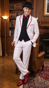 Men’s White and Black Pinstripe Zoot Suit, High Waist Formal Party Tuxedo Suit