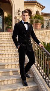 Men’s Rossi Man Zeus Black Velvet Double Breasted Tuxedo Suit, Formal Wedding Prom Dinner Suit Set