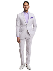 Mens Lavender Seersucker Suit Blazer + Pants Cotton Fabric - Summer Fabric in Purple color