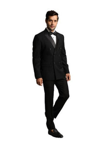 Super 150's Solid Black Double Breasted Tuxedo 6 on 2 Style Men's tuxedo Suit