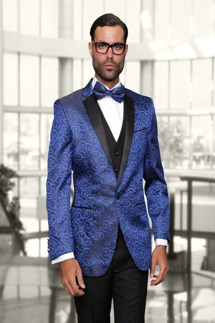 Mens Vested Swirl Pattern  Notch Lapel Tuxedo in Royal Blue