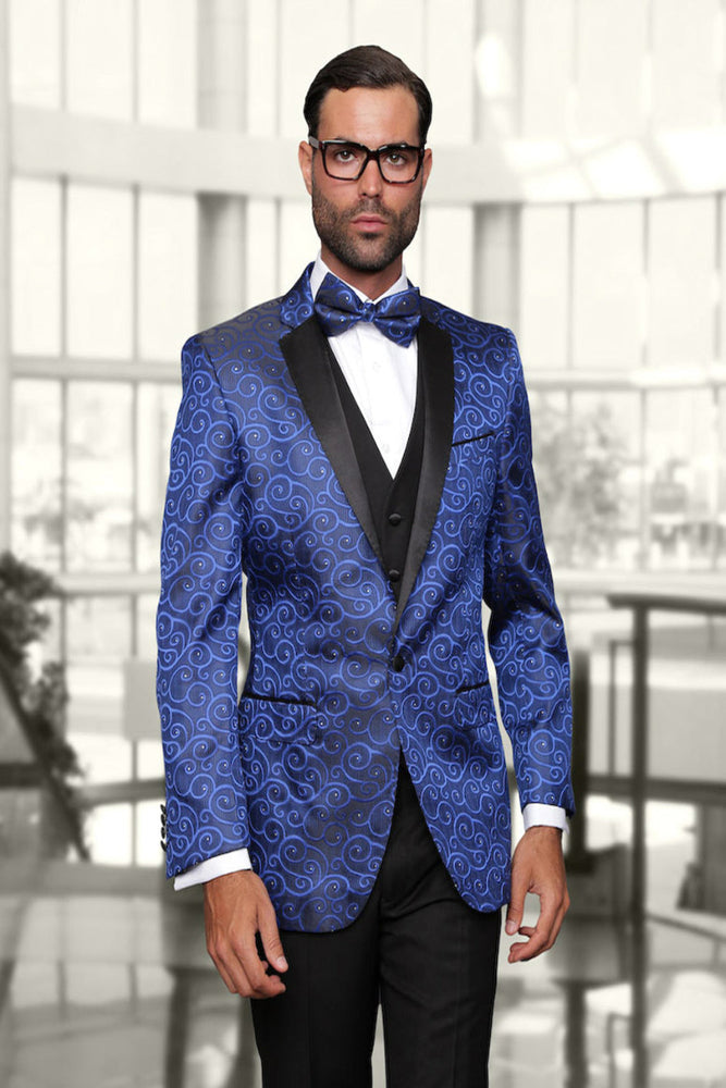 Mens Vested Swirl Pattern  Notch Lapel Tuxedo in Royal Blue