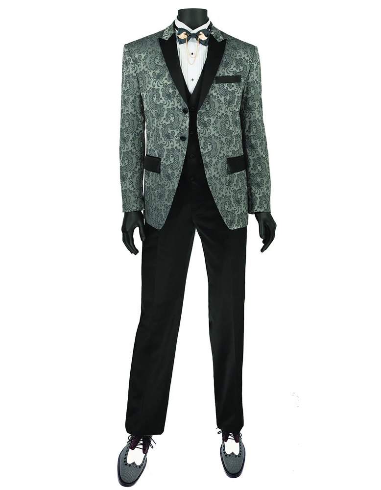 Designer Gray Prom Tuxedo - Grey Wedding Paisley Tuxedo  Suit