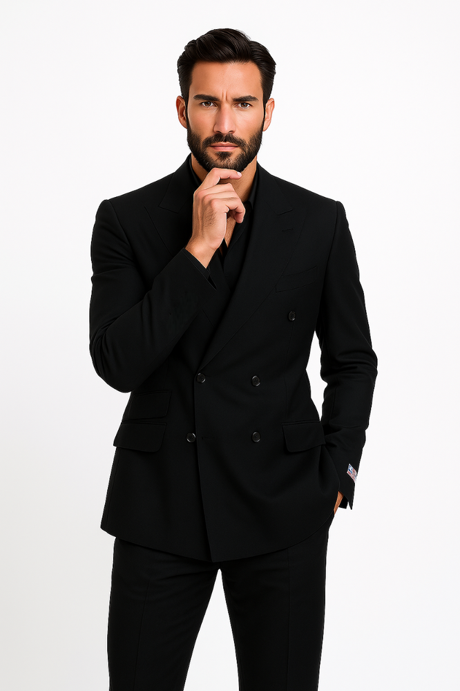 Tiglio Rosso Suit  - Classic Fit Athletic Cut 100% Wool Super 150s Italian Fabric Peak Lapel in Color Dark Black