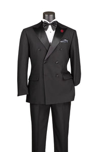 Modern Fit Black 2 Piece Double Breasted Tuxedo Adjustable Waistband with Oversized Bow Tie