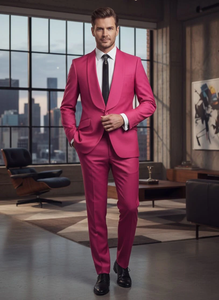 Mens Fuchsia Pink 2-Piece Slim Fit Suit – 1 Button Shawl Lapel with Flat Front Pants