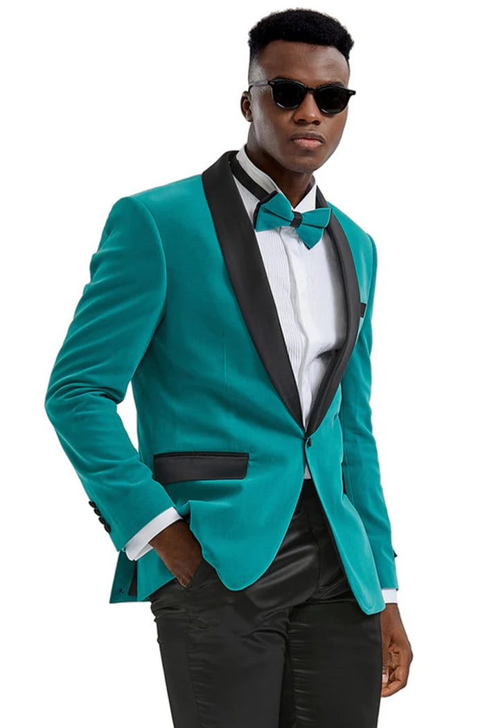 Teal Prom Tuxedo Suit - Teal Wedding Suit - Men's Slim Fit Shawl Lapel Velvet Wedding & Prom Tuxedo Jacket In Teal