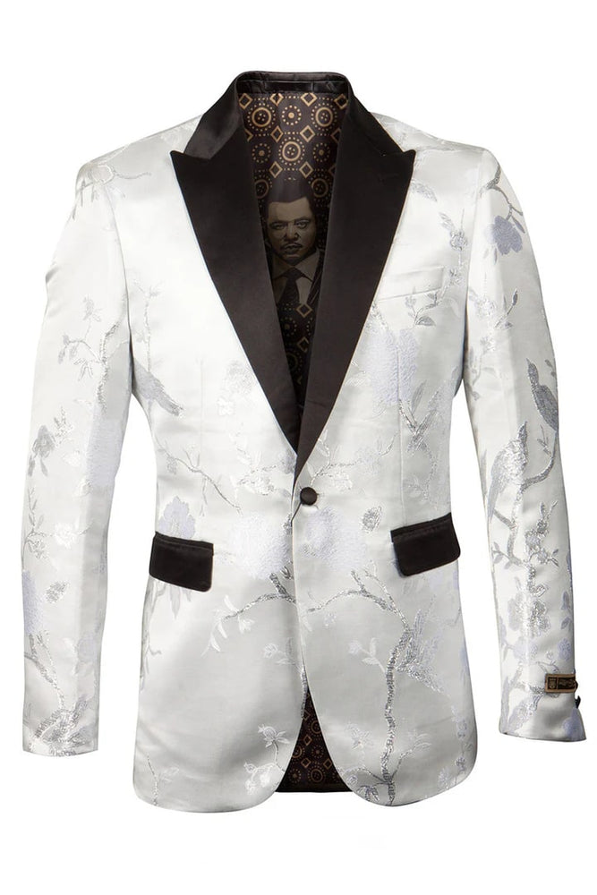 White & Silver Prom Tuxedo Suit - White & Silver Wedding Suit - Men's Shiny Floral Satin Print Prom & Wedding Tuxedo Jacket In White & Silver