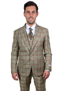 Men's Tan & Gold Windowpane Vested Suit by Stacy Adams