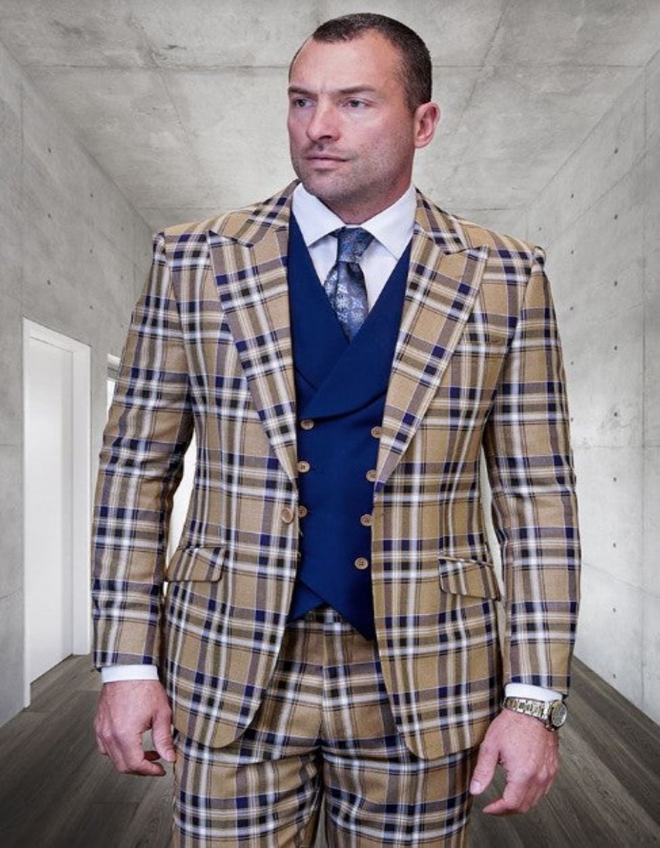 Tan Plaid Suit - Camel Khaki Color Windowpane Pattern Suit - Wool Suit ...