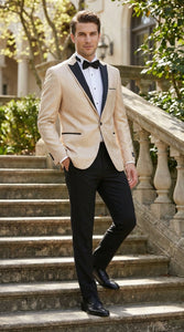Men’s Tan Tuxedo Blazer with Black Lapel – Formal Dinner Jacket Suit + Pants for Wedding, Prom champaign beige color