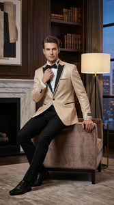 Men’s Tan Tuxedo Blazer with Black Lapel – Formal Dinner Jacket Suit + Pants for Wedding, Prom champaign beige color