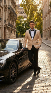 Men’s Tan Tuxedo Blazer with Black Lapel – Formal Dinner Jacket Suit + Pants for Wedding, Prom champaign beige color