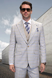 Mens One Button Peak lapel Wool Windowpane Plaid Tan Suit