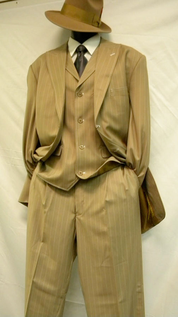 Mens Brown Pinstripe Zoot Suit – 1920s Gangster Vintage 3-Piece Suit with Wide-Leg Pants and Fedora Look - Three Buttons