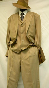 Mens Brown Pinstripe Zoot Suit – 1920s Gangster Vintage 3-Piece Suit with Wide-Leg Pants and Fedora Look - Three Buttons