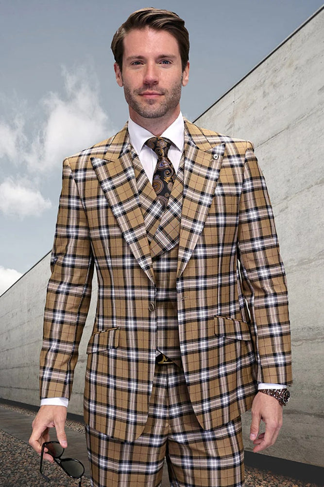 Mens One Button Wide Peak Lapel Designer Tan Windowpane Plaid Suit