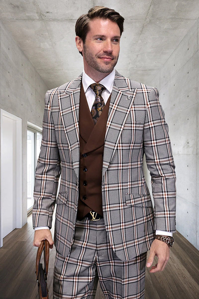 Men's Designer Vested Wide Peak Lapel Houndstooth Plaid Tan Suit