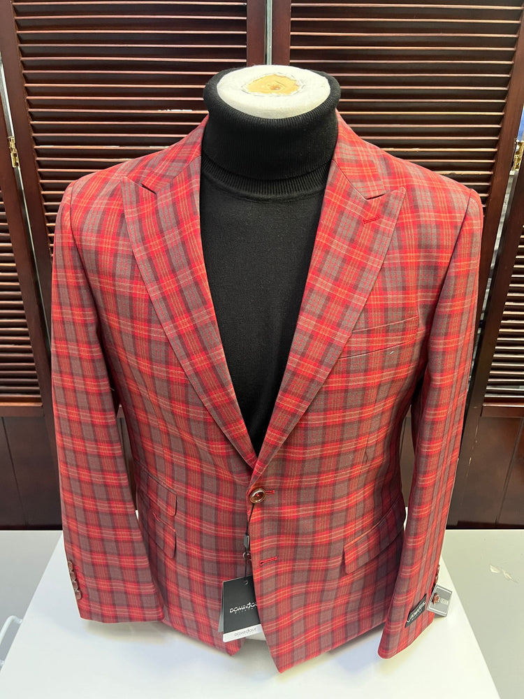 Modern Red Plaid Blazer – Tartan Windowpane Pattern Christmas Party Color