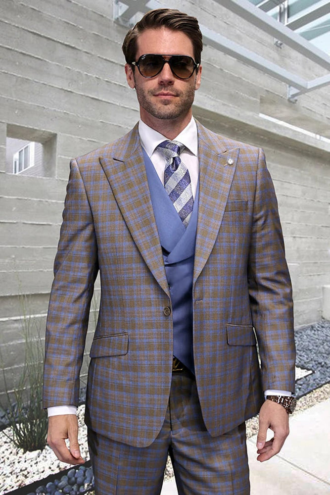 Mens One Button Peak Lapel Windowpane Taupe Suit