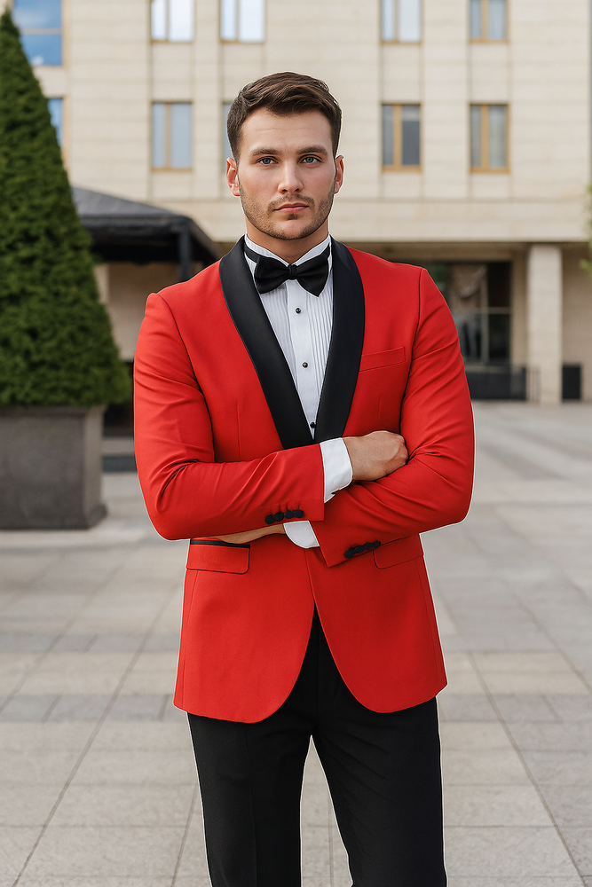 "Tazio Men's Elegant Red & Black Shawl Lapel One-Button Dinner Jacket"
